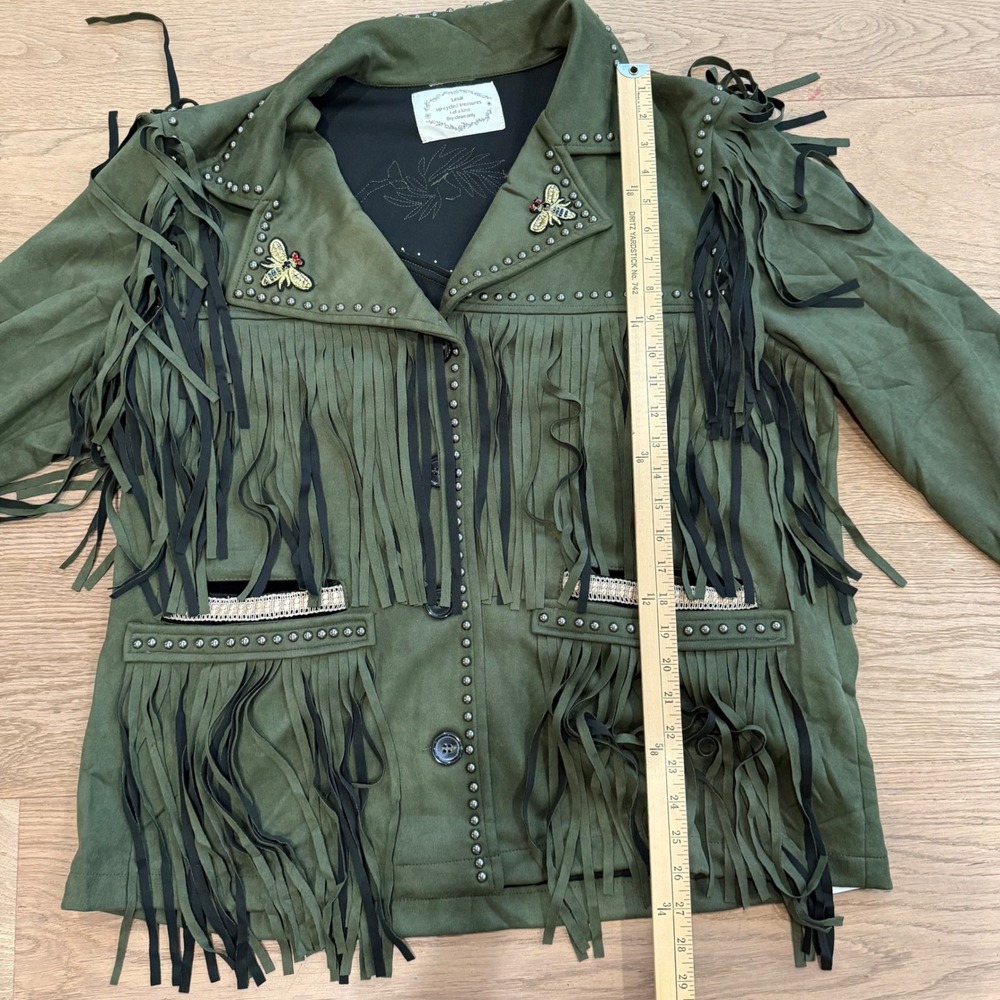 Lesal Upcycled Fringe Jacket Olive Green Beaded Floral Western Boho - Picture 4 of 12